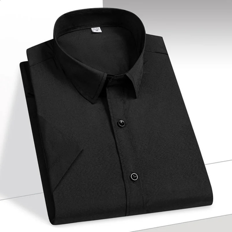 Mens Shirt Short Sleeve Elastic Solid Ice Silk Shirt Easy Care Formal Comfortable Dress Shirts Male Basic Man Clothes 250614