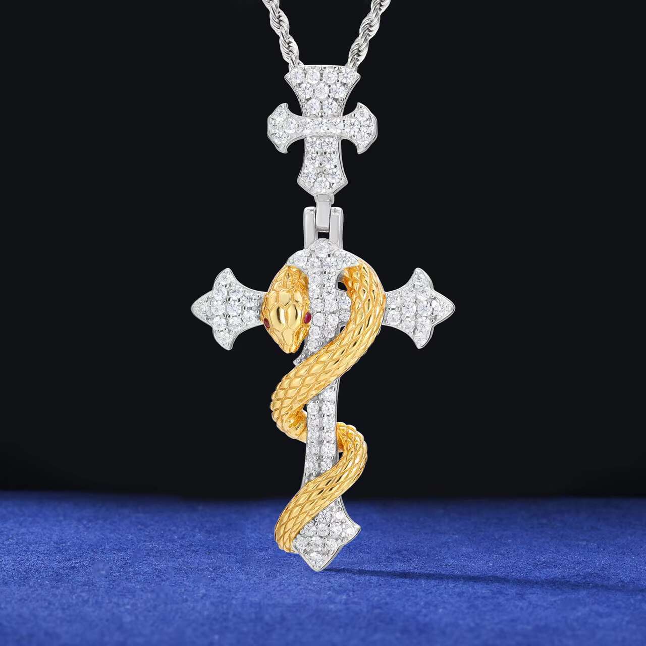 Luxury Mens Moissanite Necklace with Exclusive Solid 925 Sterling Silver Coral Snake Cross Pendant Unique Design