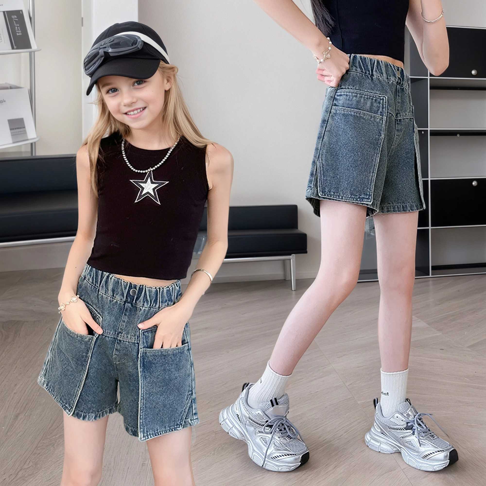 Girls summer work shorts 2025 new fashion jeans casual sports shorts 5-15 years oldC250617