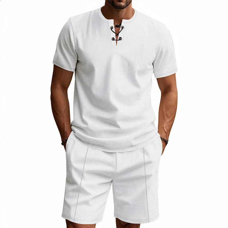 2025 Summer Simplicity Mens Suit Loose Walf Checks Fabric Breathable Comfort and Casual Short Sleeve Shorts TwoPiece 250614