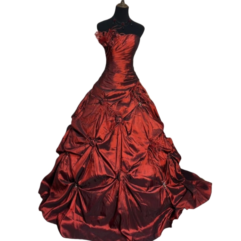 Ruched Vintage Victorian Prom Dresses Dark Red Strapless Satin Evening Gown Hand Made Flowers Feathers Formal Dress Costume Customized