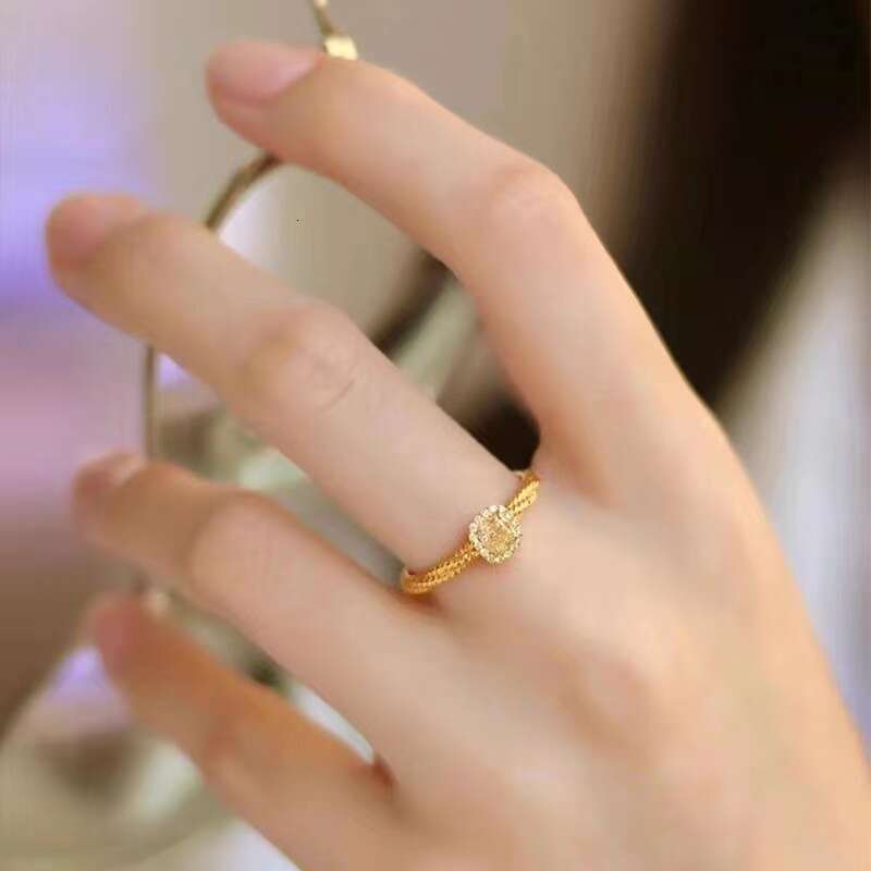 Same Small Sugar Cube Yellow Crystal Zircon Ring for Women Fairy Style Light Luxury Internet Celebrity Open Design