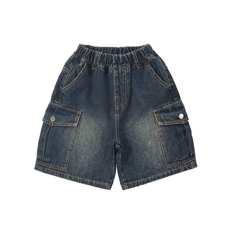 Kids Boys Cargo Denim Pants for Summer Dark Blue/Light Blue Big Pocket Loose Wide Leg Shorts Casual Children Short Pants A24607C250617
