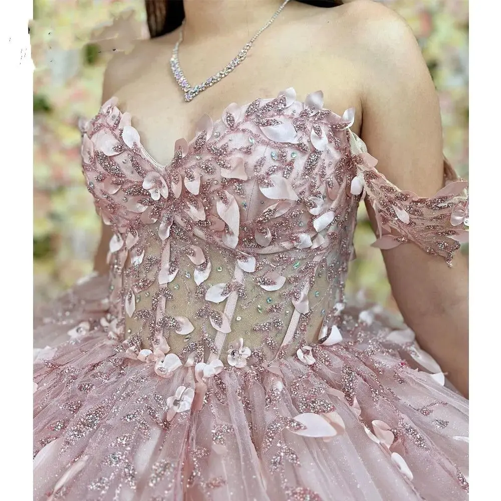 Sparkly Pink Quinceanera Dresses Ball Gown Sweetheart Appliques Flowers Off The Shoulder Beading Sequins Puffy Sweet 16