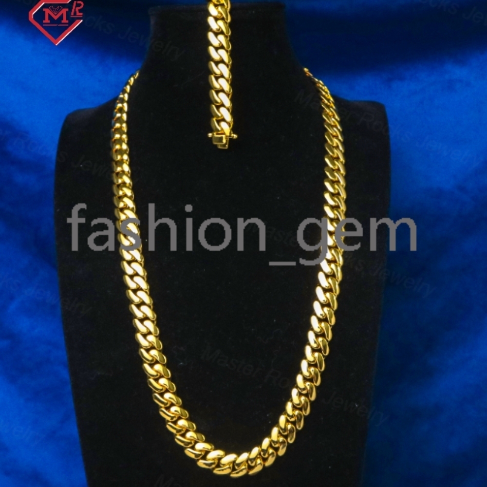 14K Gold Plated Cuban Chains Plain Necklace 10MM Custom Rapper Men Hip Hop Cuban Link Chain