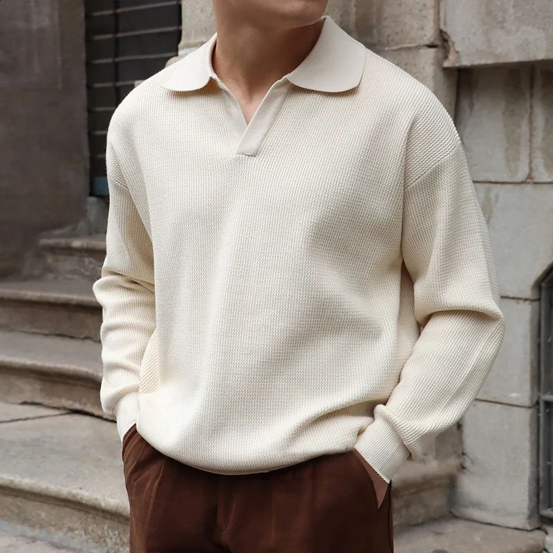 Fashion Solid Color Men Polo Kint Shirt Autumn Long Sleeve Turn-down V-neck Sweater Casual Jumper Tops Mens Knitwear Clothe 250617