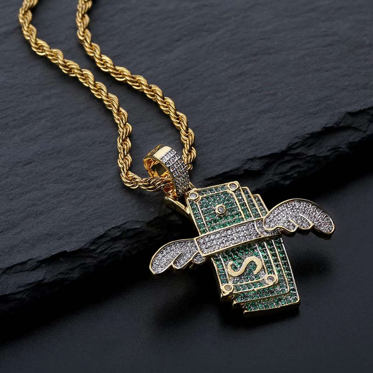 Mens 18K Gold Hip Hop Moissanite Diamond Money Dollar Pendant Necklace With Cuban Link Chains and Wings
