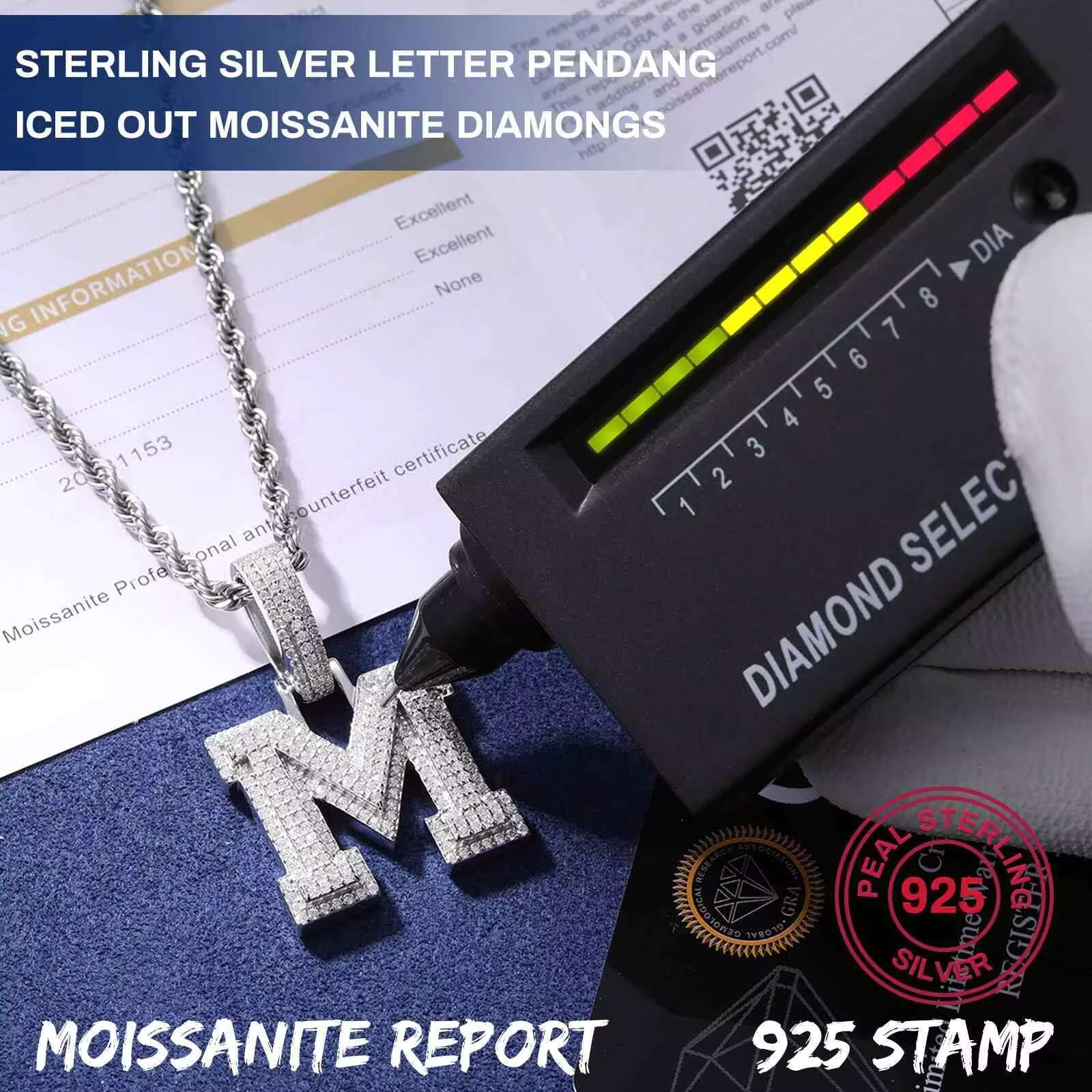 European American New S925 Silver Inlaid Moissanite Pendant with 26 Letters Solid Trendy Hip Hop Accessories in Stock