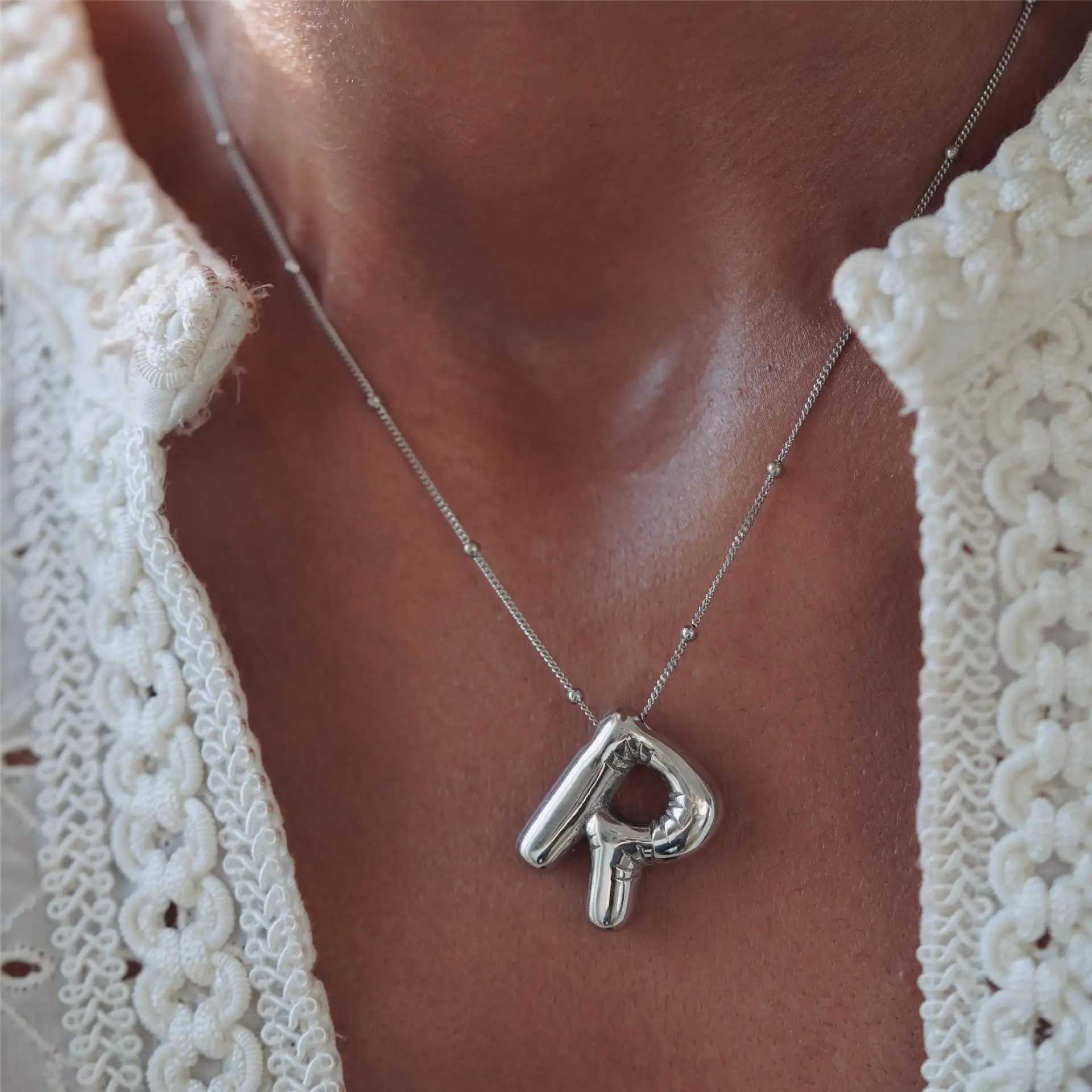 Party Balloon Bubble Alphabet Letter Pendant Necklaces for Women Silver Color Stainless Steel Initials Name Customized Jewelry W250618