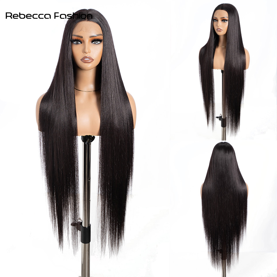 Rebecca Fashion Straight Synthetic Front 13*6*1 For Women 38 Inch Long Ombre Brown Red Blonde Hightlight Lace Frontal Wigs Cosplay Wig
