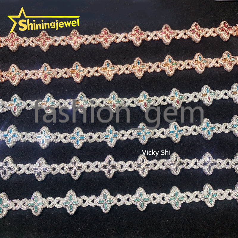 Hot Sell 15MM 925 Sterling Silver Infinity Colored Clover Moissanite Bracelet Iced Out Men Bracelet Moissanite Hip Hop Jewelry