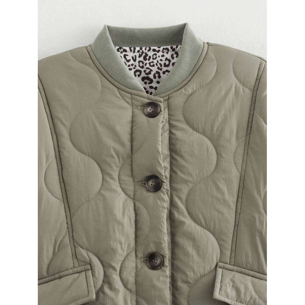 Woman Leopard Inside Quilted Jacket Single Breasted Pocket Warm Ladies Outfit Autumn Winter Fashion Girls Chic Clothes