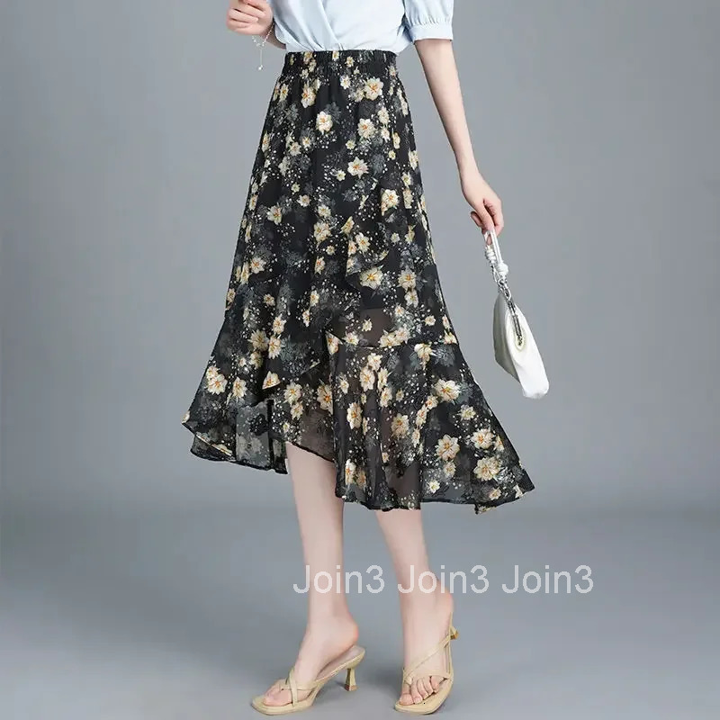 Woman Skirt Chiffon Midi High Waist Tight Ruffle Wrap Skirts for Women Aesthetic V Clothing Sales Premium Vintage Luxury Elegant