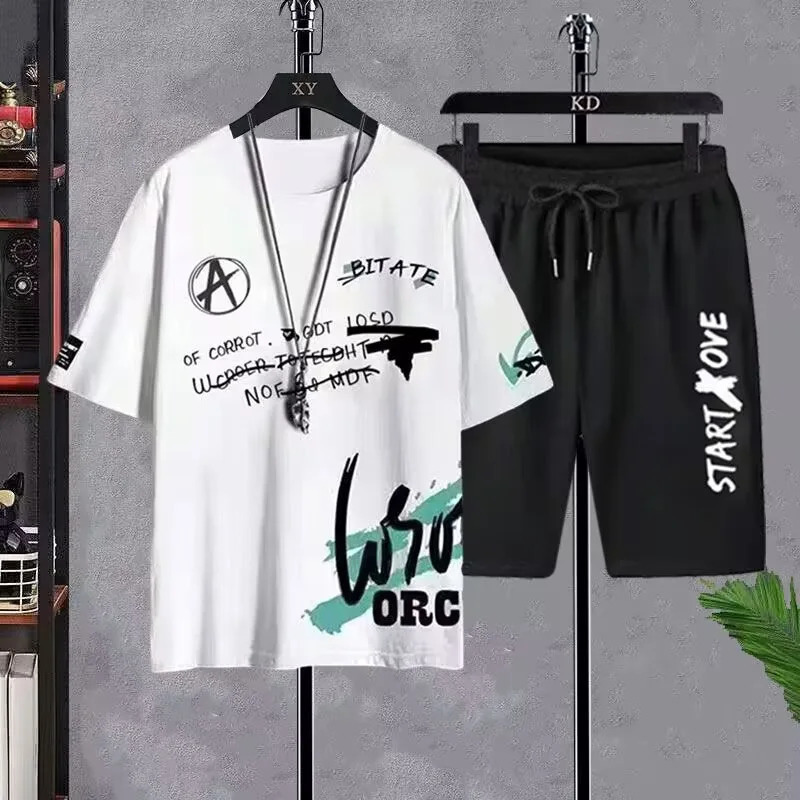 Summer Set for Men Clothes Casual Short Sleeve T ShirtShort Sets 2 Piece Sets Men Y2K Tracksuits Oversized O-Neck Print T-shirt 250617