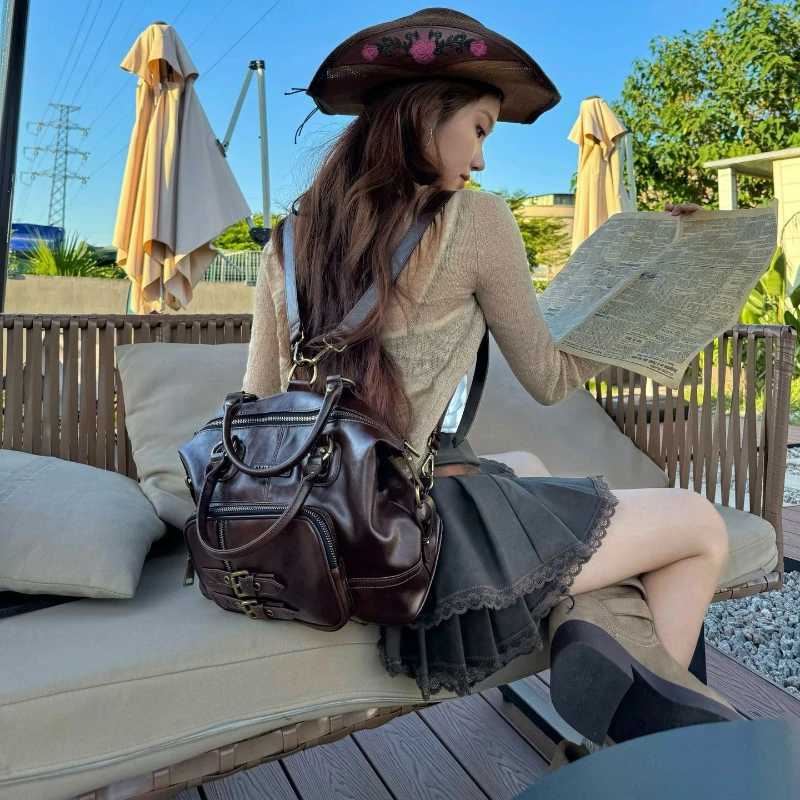Vintage Leather Handle Wen Backpacks Brown Large Capacity Purse Ladies Hot Girls Y2k Bags Shoulder Bags Women Large B250618