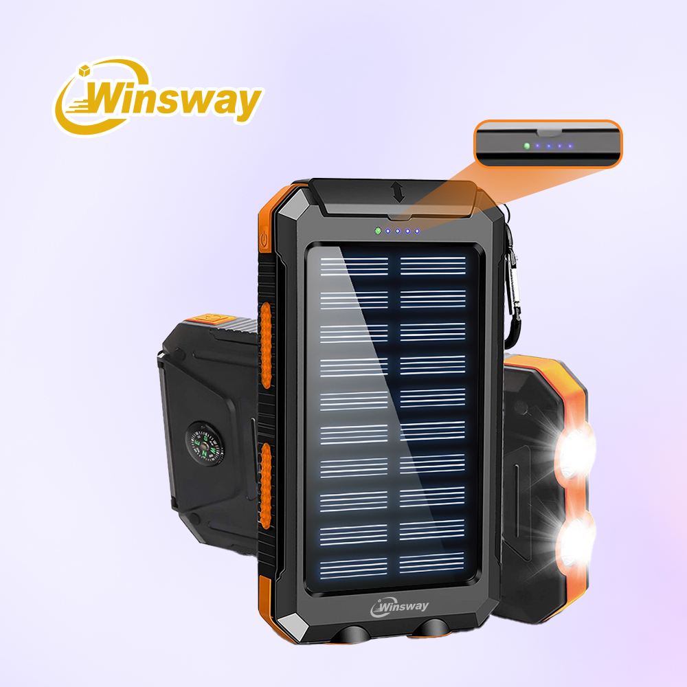 Winsway 10000mAh outdoor solar power bank, built-in two LED searchlights, compass, mountaineering clip for charging 3 devices, dedicated for mountaine