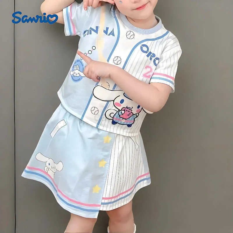Sanrio 2025 Summer Girls Casual Clothing Sets Cartoon Printed Children Kuromi T Shirt Skirt 2pcs Set Kids Breathable Outfits OutfoorXJ250618