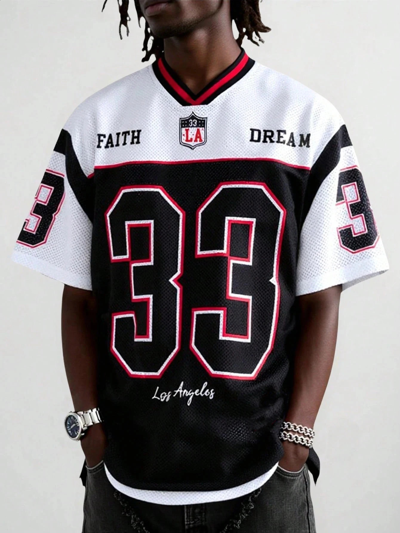 MenS Mesh Fabric Jersey TShirt VNeck Loose And Trendy Street Wear HipHop Rock Tee Los Angeles Digital Printed Top 250616