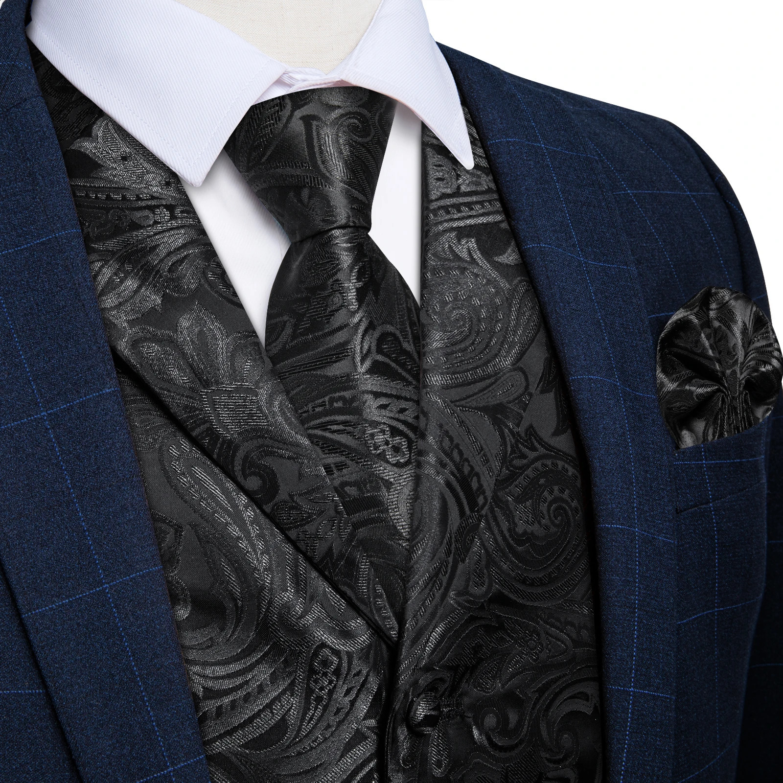 Mens Suit Vest Neck Tie Set Black Paisley Silk Waistcoat for Wedding Party Tuxedo Suits Sleeveless Jacket DiBanGu 250614