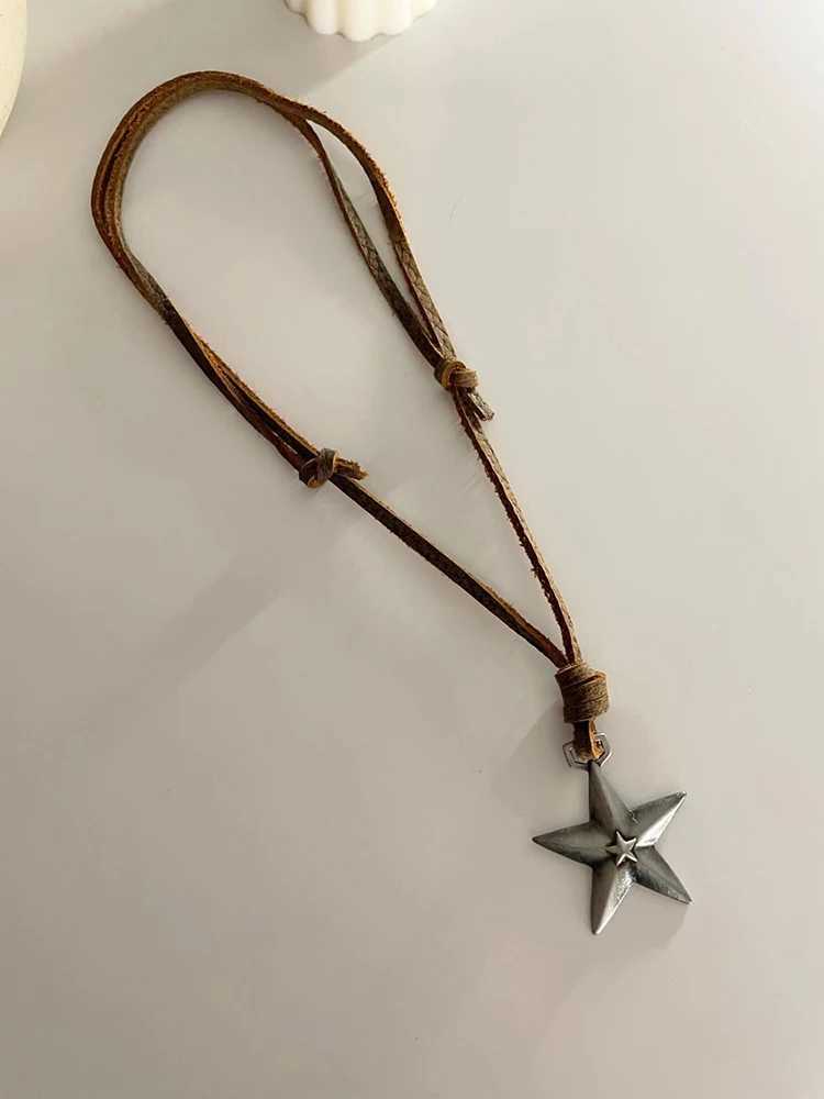 Retro Leather Rope Punk Star Pendant Long Necklace Female Niche Design Personality Adjustable Drawstring Accessories JewelryTide W250618