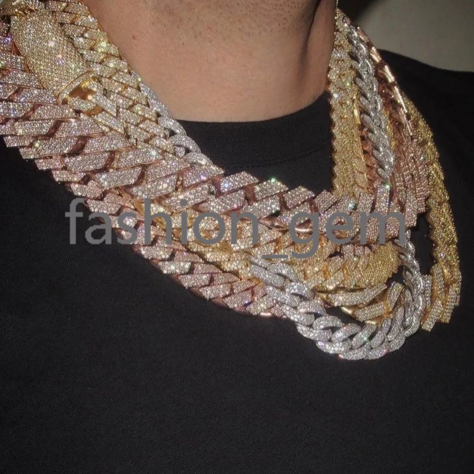 Top Selling Hiphop Moissanite Cuban Chain 3 Row 15mm Gold Plated 925 Silver Vvs Moissanite Cuban Link Chain
