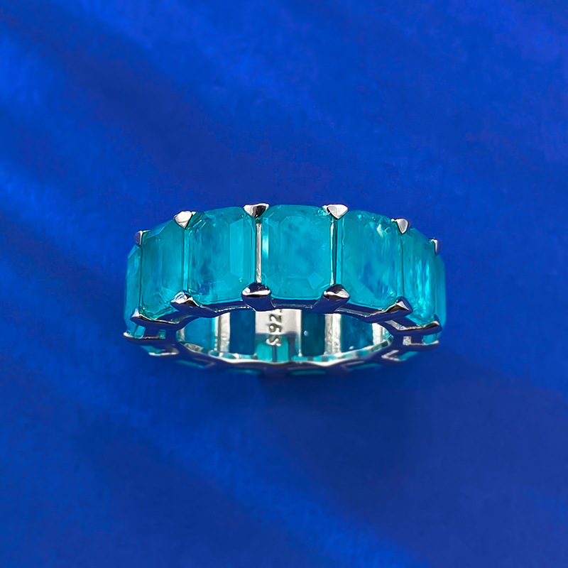 Elegant Rectangular Paraiba-Inspired 925 Sterling Silver Band Featuring a Line of Sparkling Diamonds