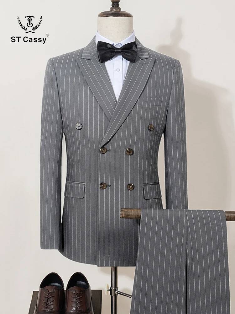 ST Cassy High Quality Striped Suits For Men Slim Fitting Man Clothing Elegant Mens Suit Wedding Trends Costumes