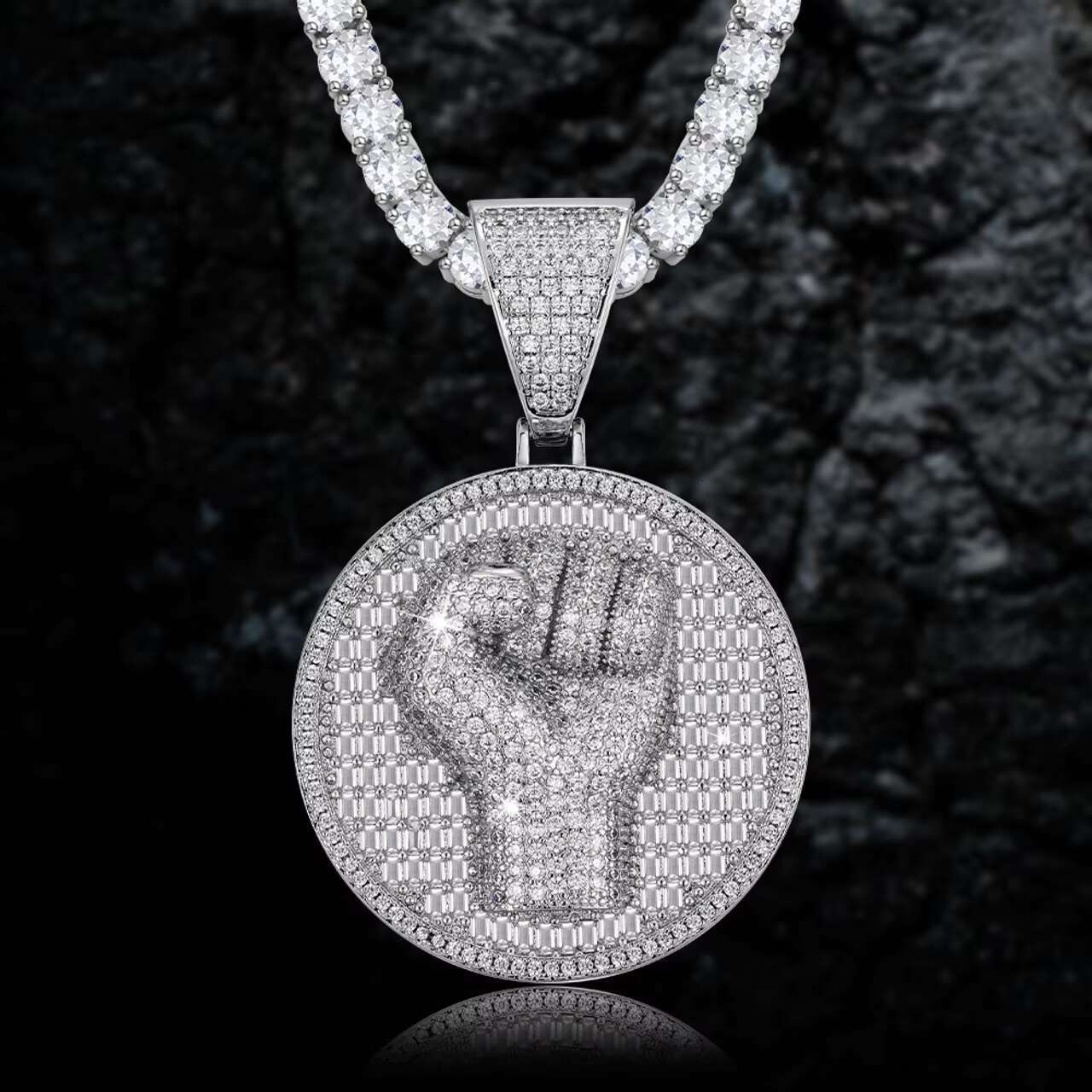 Luxury Streetwear Style for Him: Glittering 3D 'Power Fist' Design Engrailed Pendant