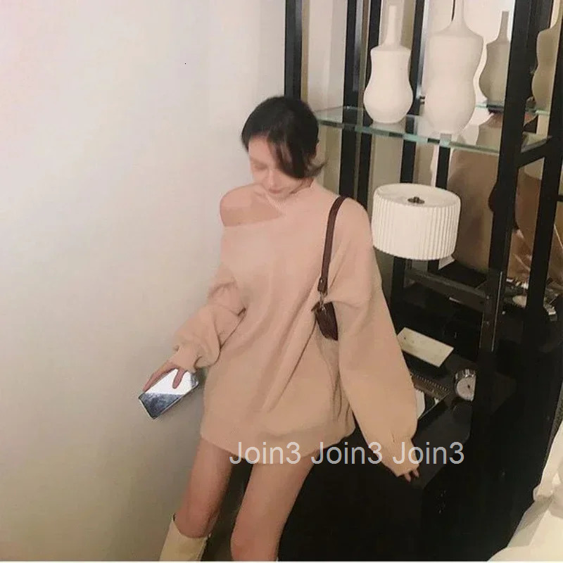 Womens Sweater Halter Neck Knit Tops for Woman Brown Off The Shoulder Pullovers Long Trend 2025 Sleeve Modern Korean Style Tall