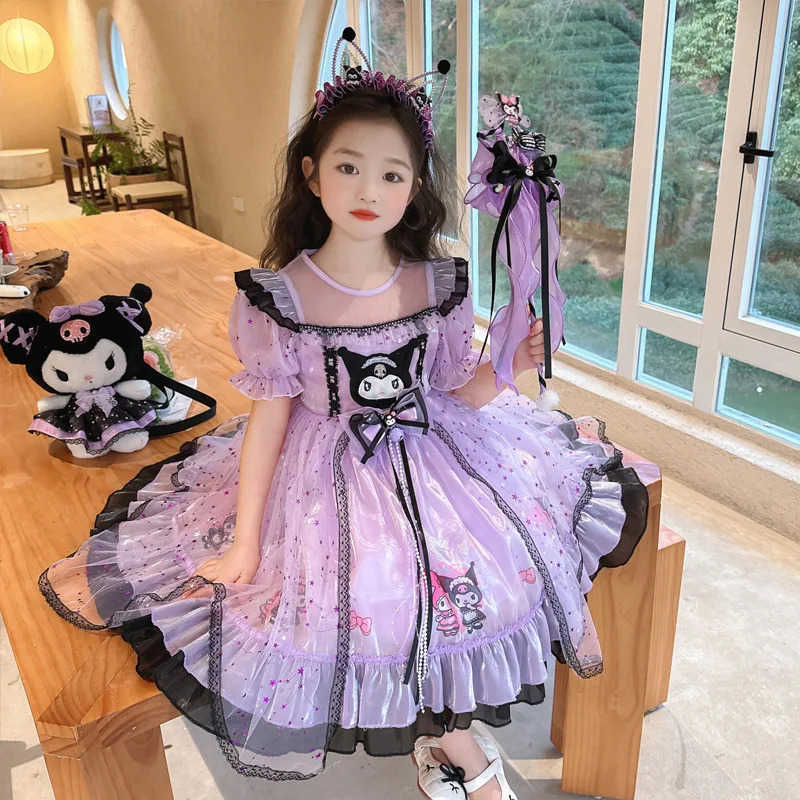 Sanrio 2025 Cosplay Sanrio Kuromi Lolita Princess Dress Summer Bow Puffy Skirt Dress Suit Children Birthday Party Costume Girls GiftsXJ250618