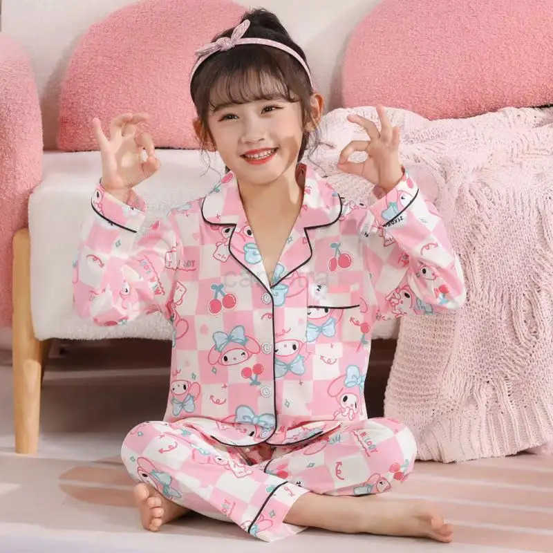 Sanrio Kawaii Sanrio Girls Pajama Sets Cartoon Long Sleeved Pocket Comfortable Night Clothes Set Soft Skin Friendly Homewear Autumn XJ250618XJ250618