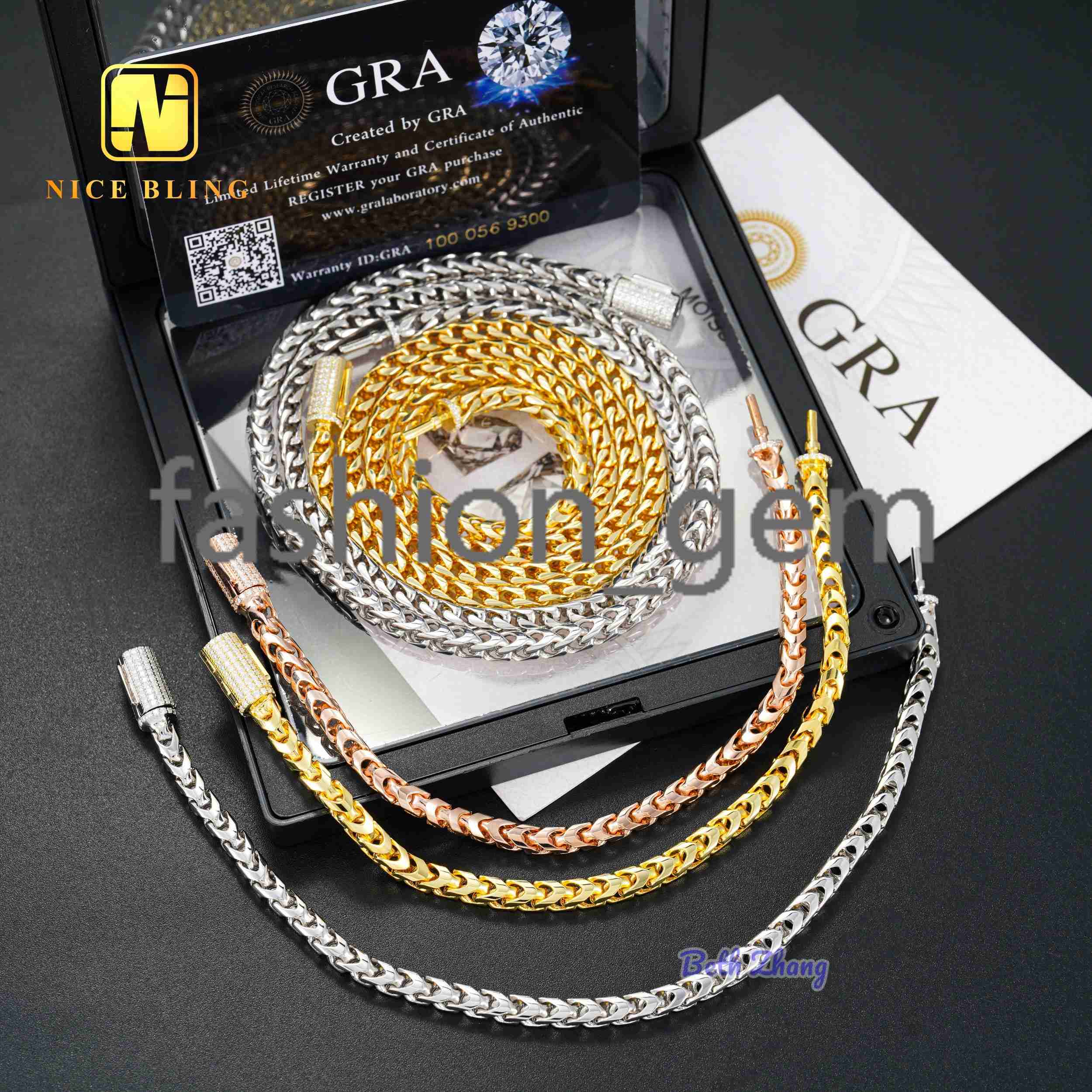 Fashion Hip Hop Franco Chain Wholesale Jewelry Unisex Silver 4mm Charm Chains Moissnite Lock Franci Necklace Bracelet