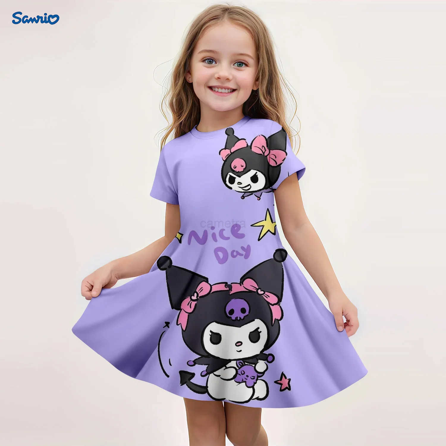 Sanrio 2025 Girl Clothes Summer Dress Fashion Comfortable Cartoon Cute Children Dresses Short Sleeve Kuromi Sanrio 3D Print NewXJ250618