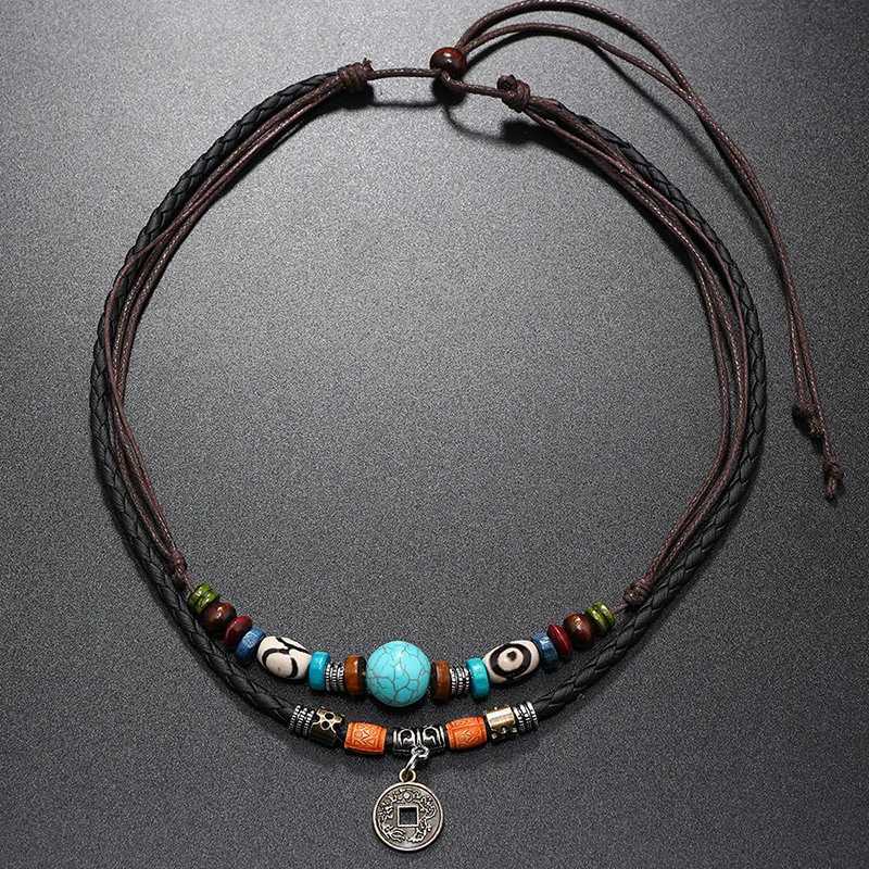 Mole Goth Mti-layer Vintage Coin Pendant Leather Beaded Weaved Prayer Necklace Fashion Jewelry GiftsC250617