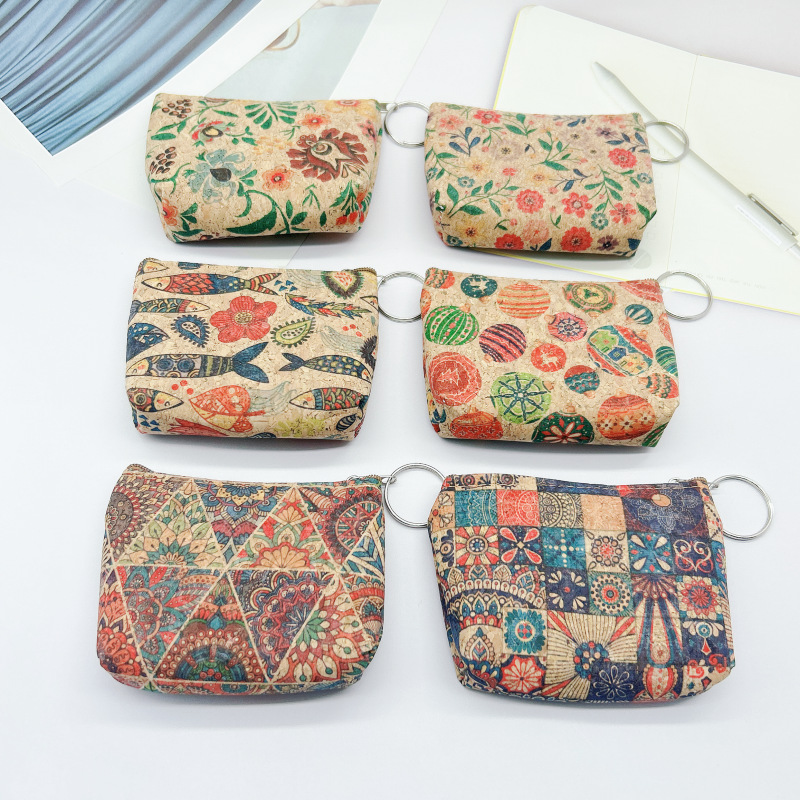 DHL100pcs Coin Purses Women Cork Leather Ball Flower Printing Zipper Short Wallet Mix Color