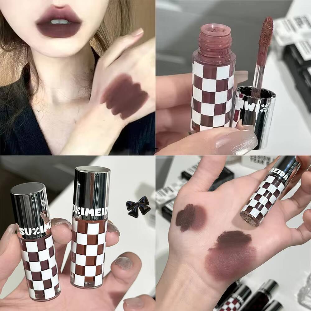 Checkered Nude Purple Matte Mud Mousse Waterproof Punk Red Velvet Gloss Non-Stick Cup Lipstick Tint Lip Makeup happy