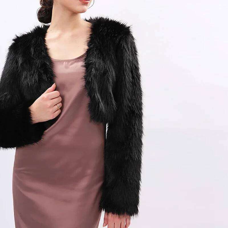 Womens Faux Fur Cropped Jacket Open Front Long Sleeve Winter Fuzzy Fleece Warm Thick Streetwear Casual Fashion Outerwear Coats