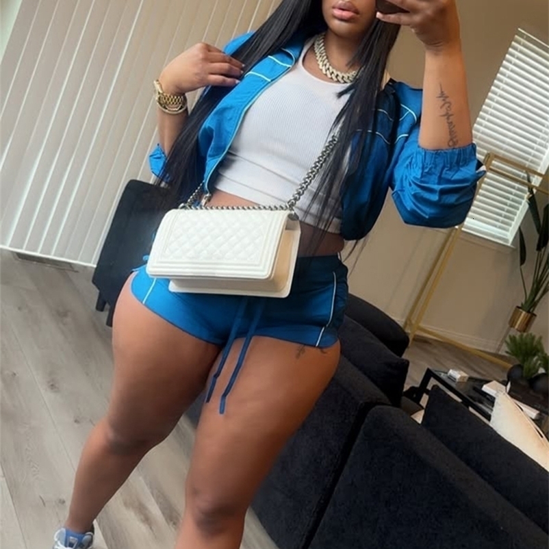 Trendy Woman Clothes Y2k Tracksuit Contrast Color Long Sleeve Zip Windbreaker Jacket Shorts 2 Piece Set Outfits 250617