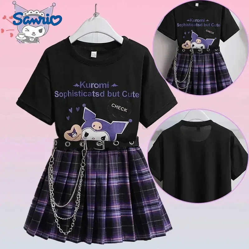 Sanrio Kawaii Kuromi Short Sleeves Skirt Suit Sanrio Anime Child Preppy Style T-shirt Pleated Skirt Student Fashion Trend JK Uniform TwXJ250618
