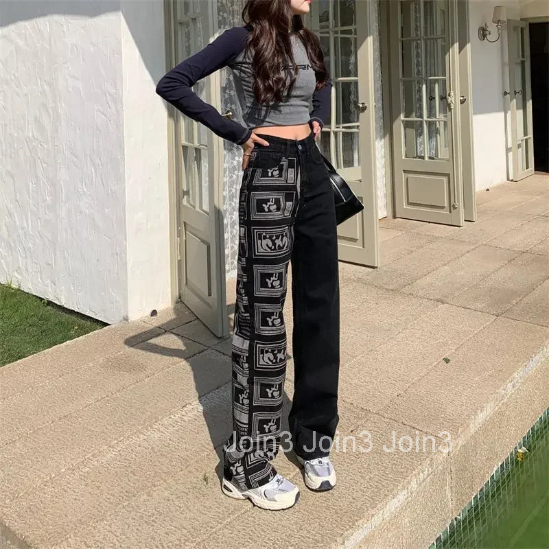 Womens Jeans Straight Leg High Waist Shot With Pockets Print Graphic Pants For Woman Pattern Trousers Black Trend Unique Xxl A
