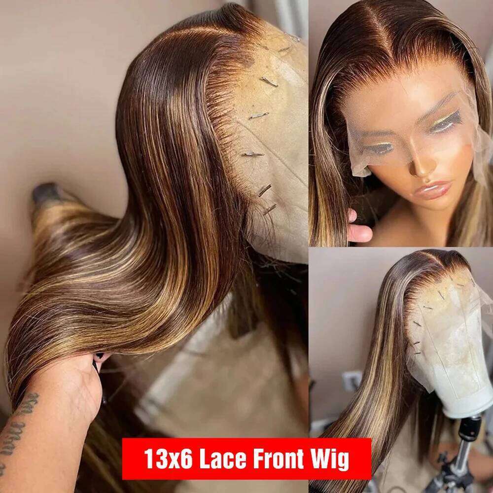 Highlight Glueless Wig Human Hair Ready To Wear Pre Cut Straight Ombre Color 13x6 HD Lace Frontal Wigs For Women Preplucked 100%