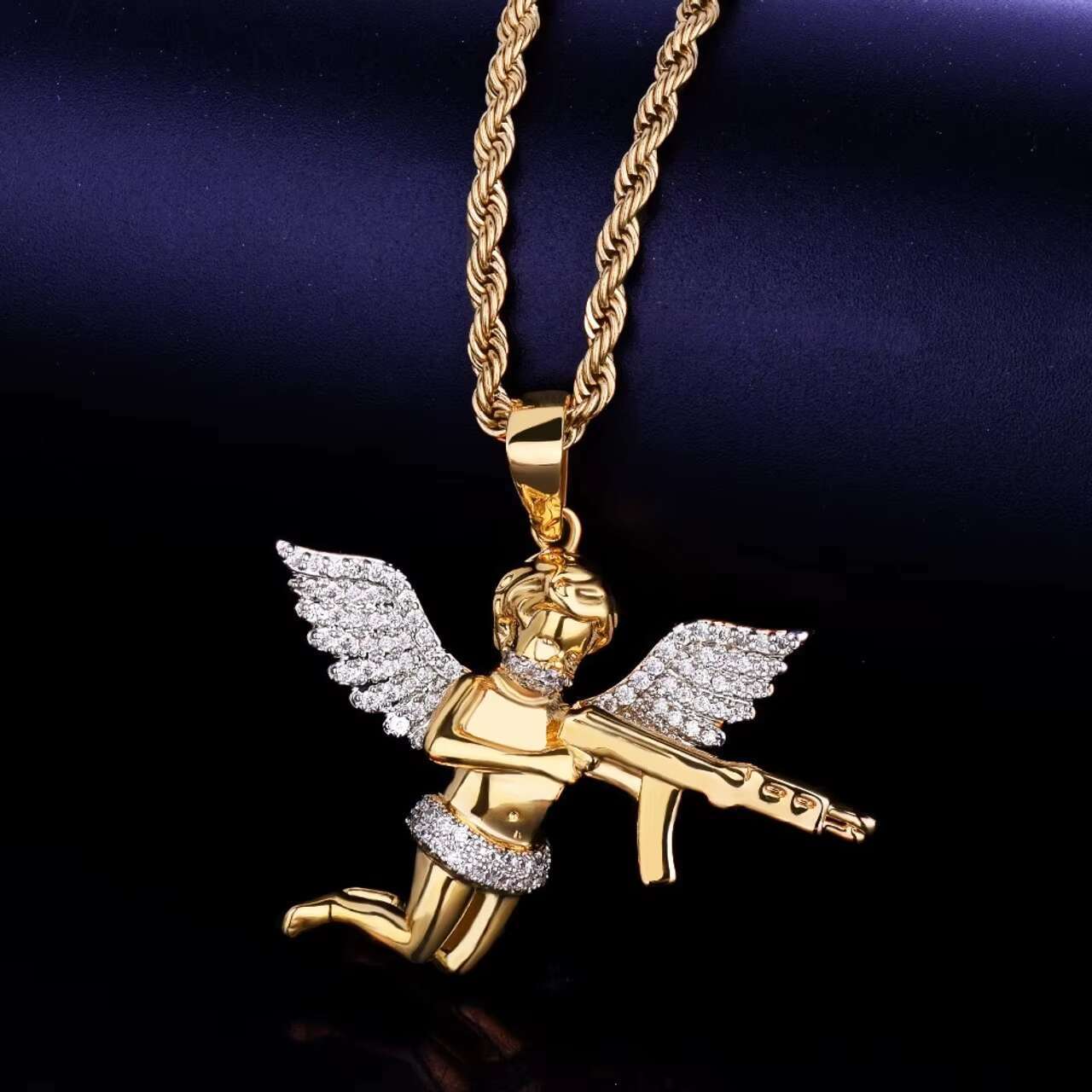 18K Gold Ak47 Guardian Angel Cherub Hip Hop Moissanite Pendant Chain Necklace