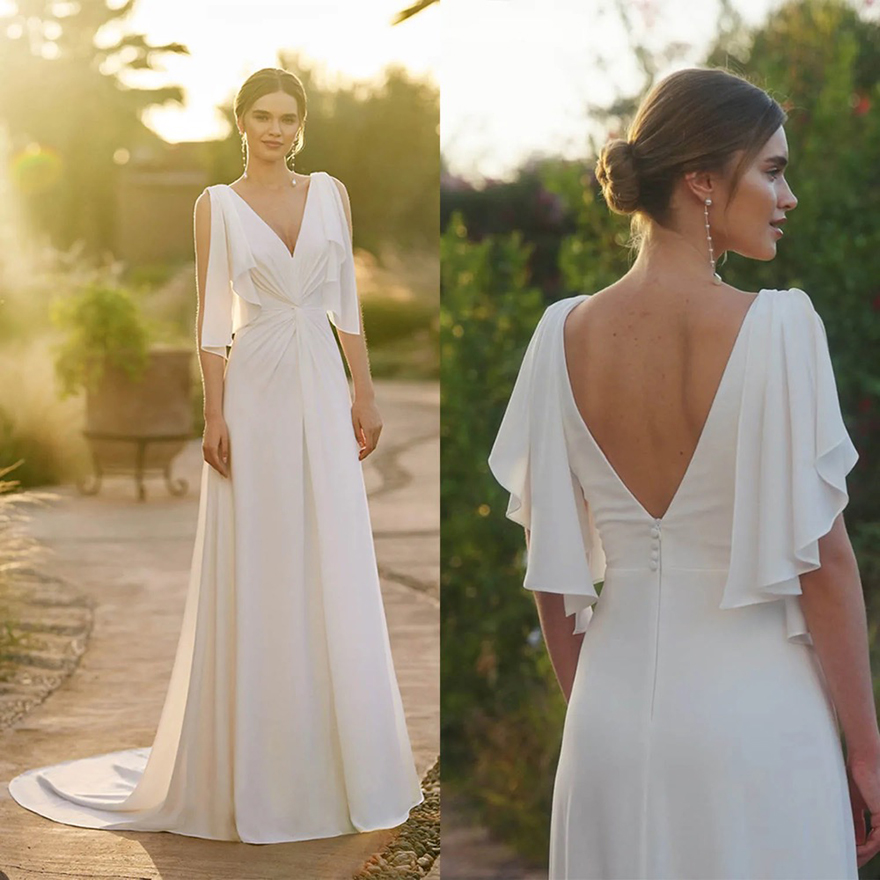 Simple Graceful White Wedding Dress A-Line With Deep V-Neck Customized Bride Gown Plus Size Special Occasion Vestidos De Novias
