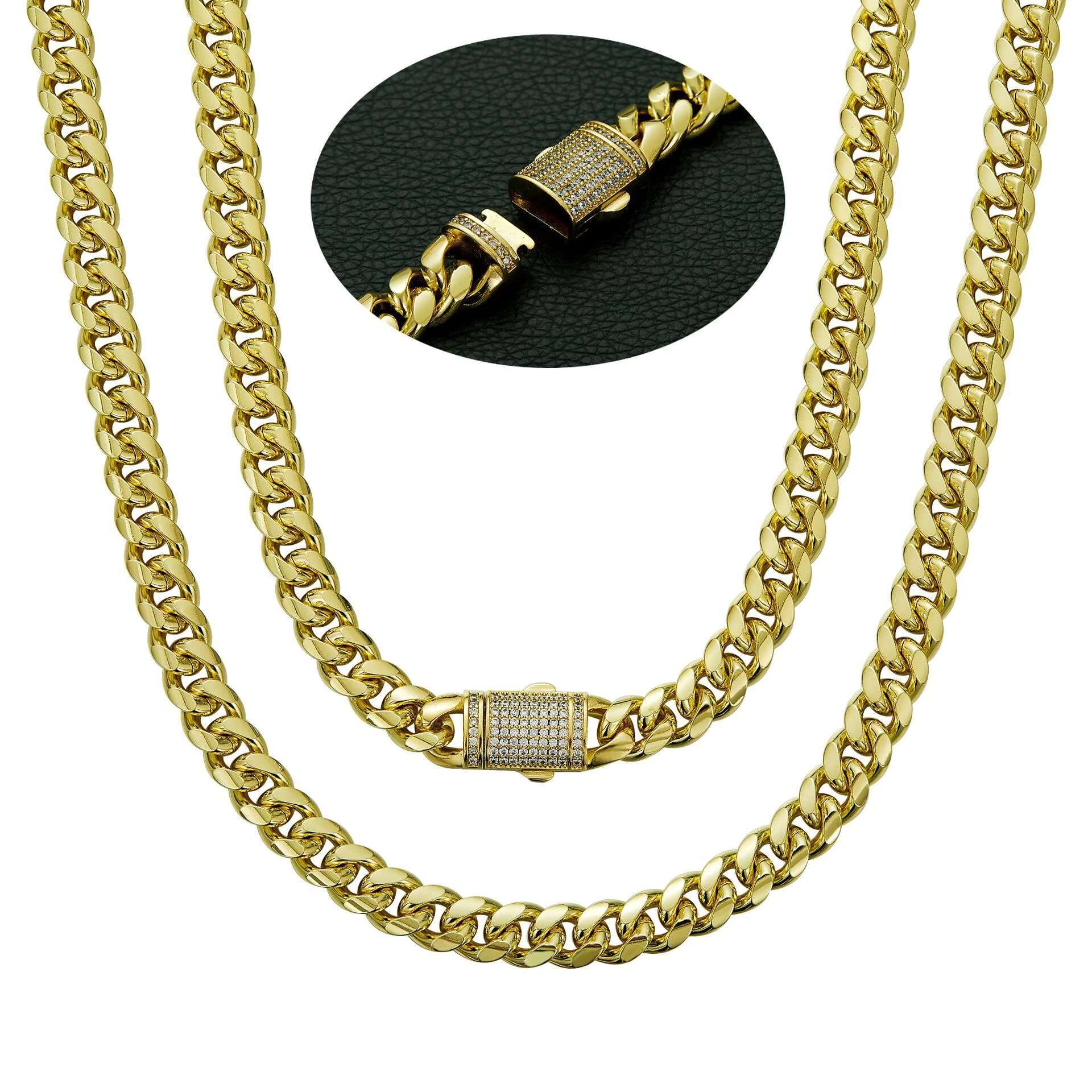 Mens Hip Hop Style Miami Cuban Link Chain 14K Gold-Plated Stainless Steel Trendy Fashion Jewelry Zircon Diamond Geometric