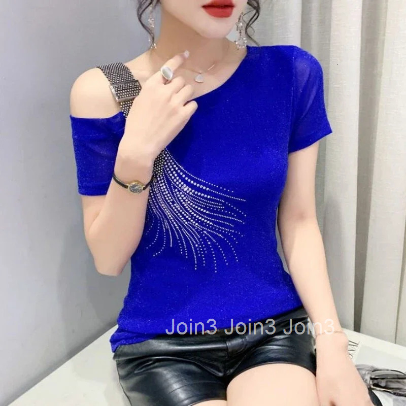 Off Shoulder Female Top Sequin Womens T-shirt Aesthetic Clothing Elegant Polyester Youthful Clothes Korean Streetwear Tee Y2k