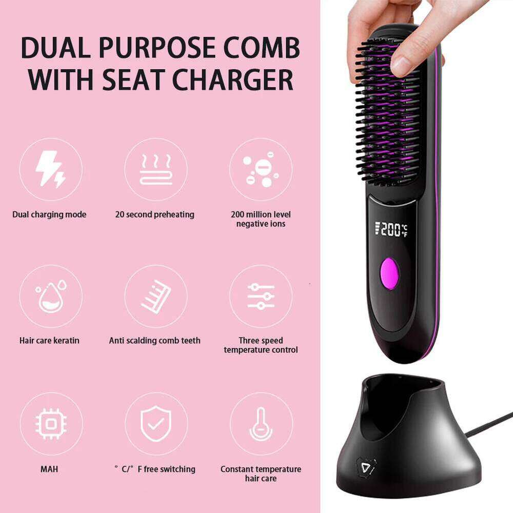 Cordless Ceramic Heated Hot Brush Rechargeable Travel Straightener Portable Straightening Comb for Smooth Frizz-Free Hair