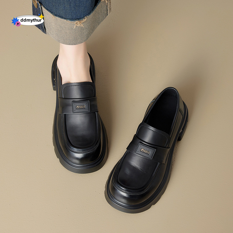 Loafers for Women 2025 Spring and Autumn New Genuine Thick Sole British Style Small Leather with Metal Buckle Slip-On Chunky Heel Single Shoes ddmythu