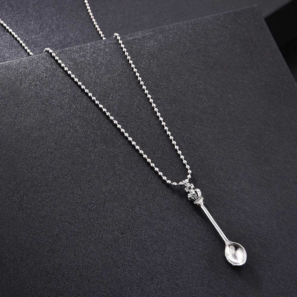 Fashion Women Men Crown Mini Tea Spoon Shape Pendant Long Chain Necklace Sweater Metal Chain Necklace Jewelry W250618