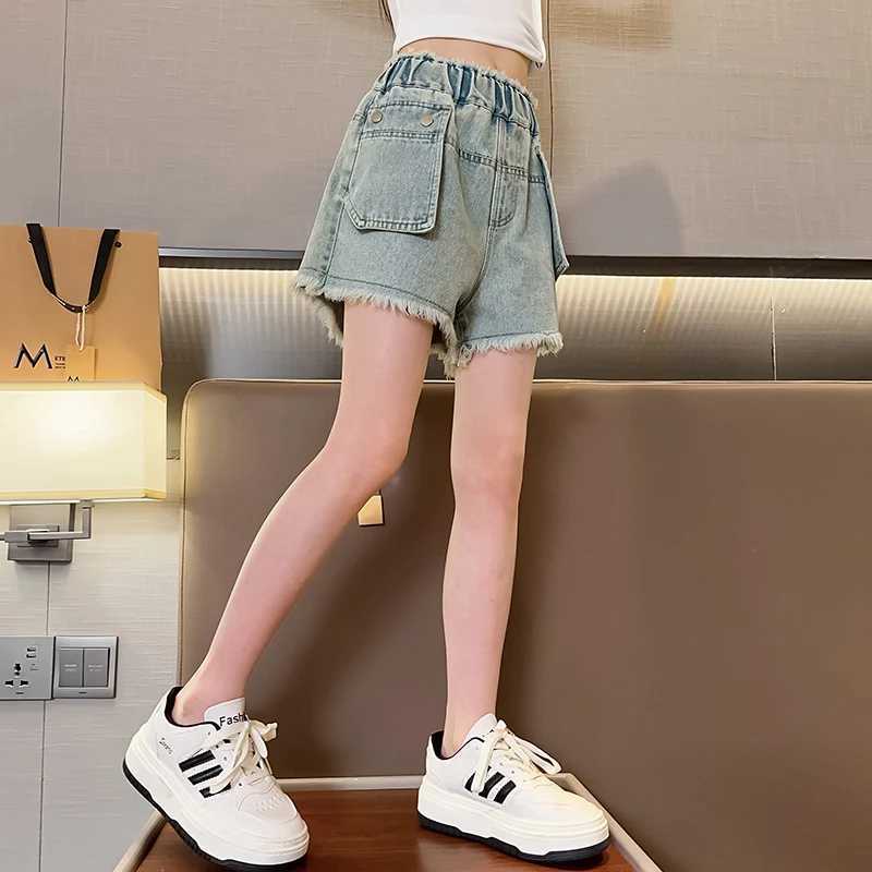 Girls summer big pocket breasted shorts 2025 summer new product fashion jeans casual sports shorts 5-15 years oldC250617