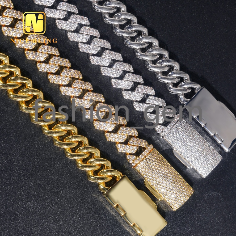 18K Gold Plated Brass Cuban Chains Fashion Hip Hop Men 12mm moissanite Cuban Link moissanite moissaniteia Necklace and Bracelet